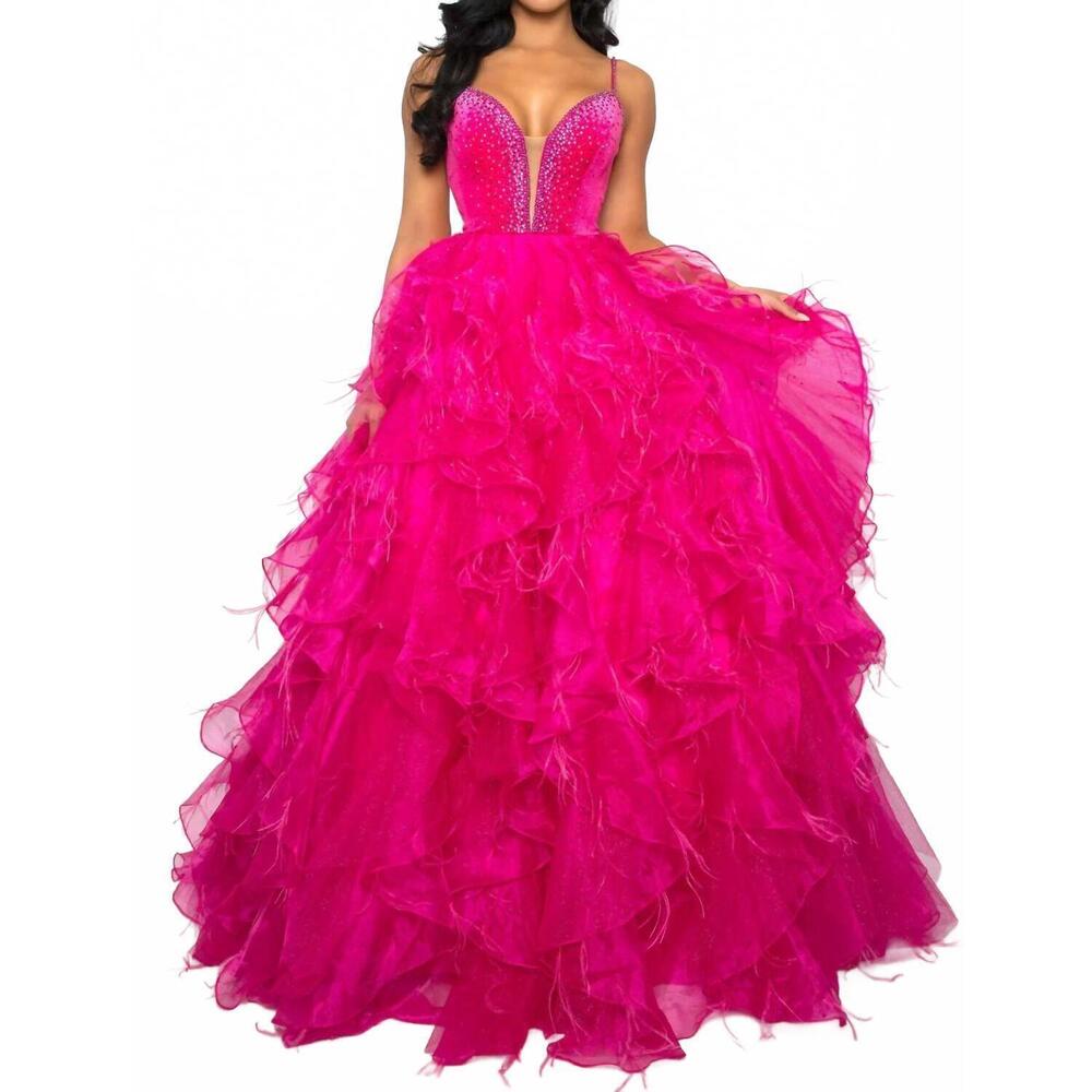 NEW AVA PRESLEY beaded bodice ruffled tulle ball gown in fuchsia